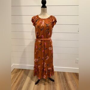 Universal Thread Bohemian Rust Floral Midi Dress With Ruffled Sleeves Size MED